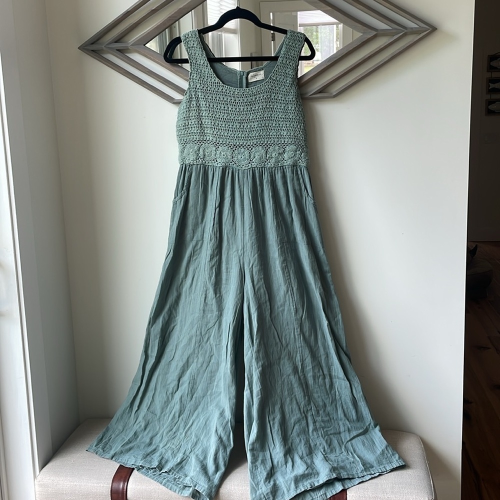 Talisman Freefalling Boho crochet wide leg Jumpsuit in sage green Medium - Picture 2 of 10